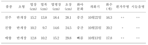 출원 품종 ‘진옥’, ‘진향’ 식물체 및 병해 특성