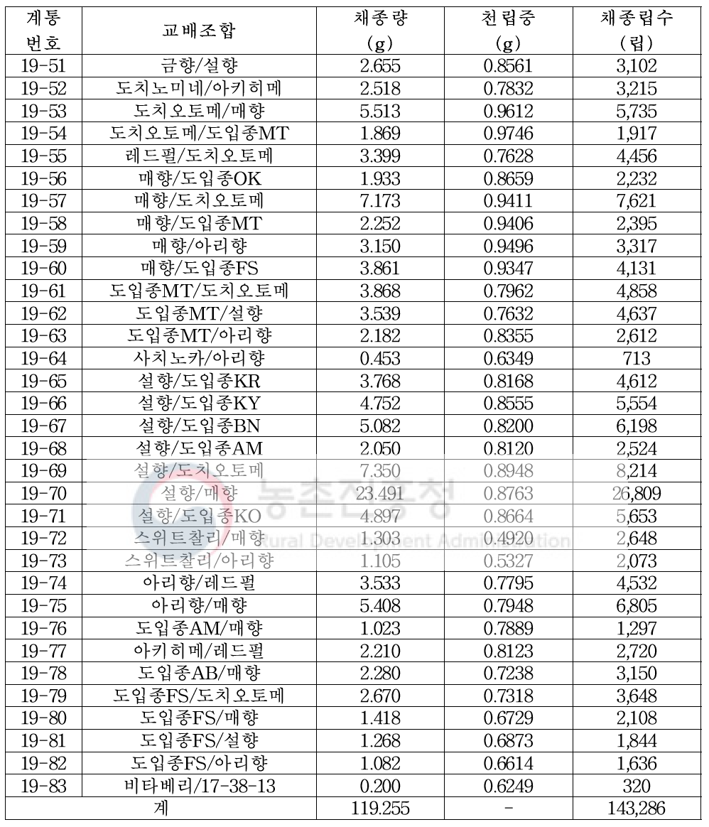 2019년도 교배 조합별 채종량, 천립중 및 채종립수