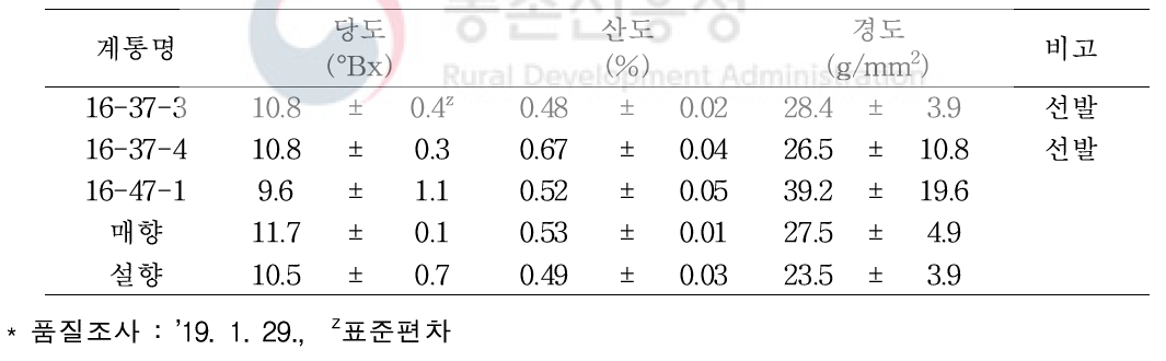 선발계통(’16년 선발계통)의 과실 품질특성