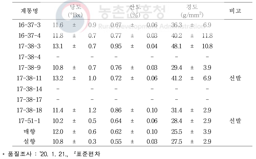 시험계통(’16년, ’17년 선발계통)의 과실 품질특성