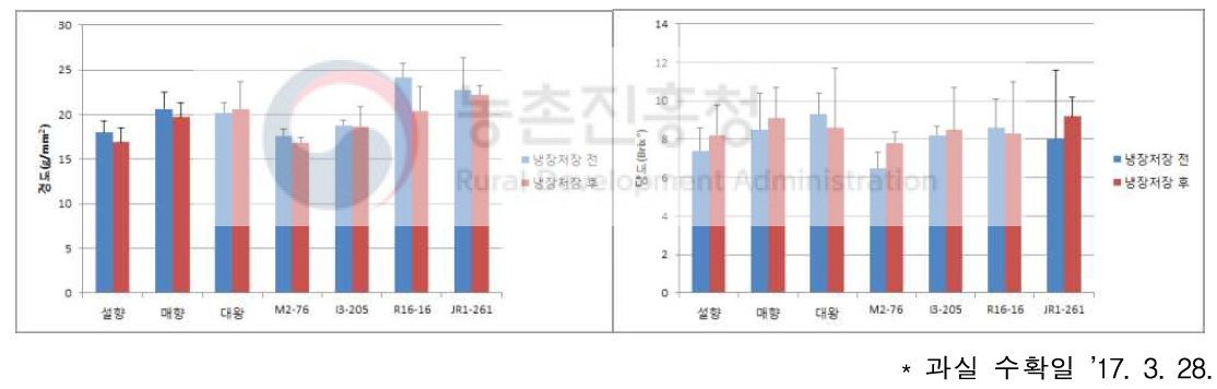 고온기 수확 과실의 냉장(4℃, 6일) 저장에 따른 경도 및 당도 변화