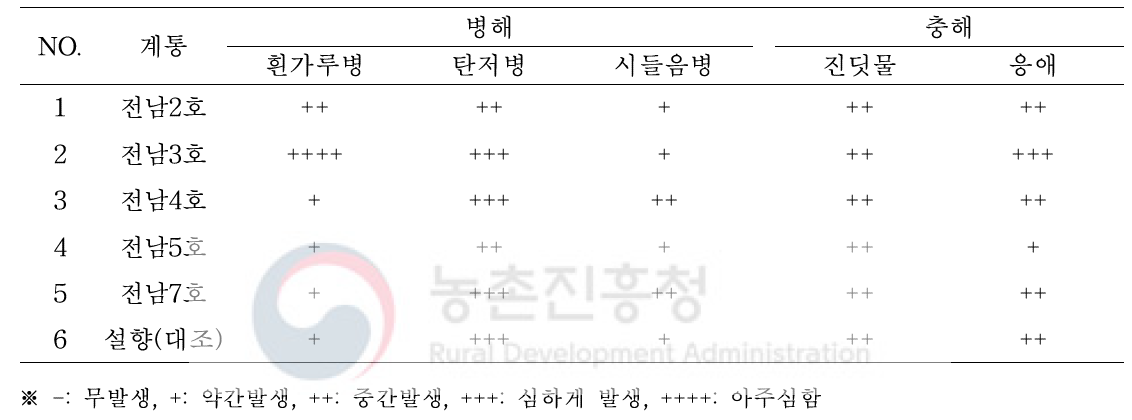 2년차 생산력 검정 계통별 병해충 저항성