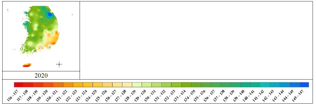 ArcGIS를 이용한 지역별 톱다리개미허리노린재 월동 개체군의 발생 최성기 연도간 비교(계속)