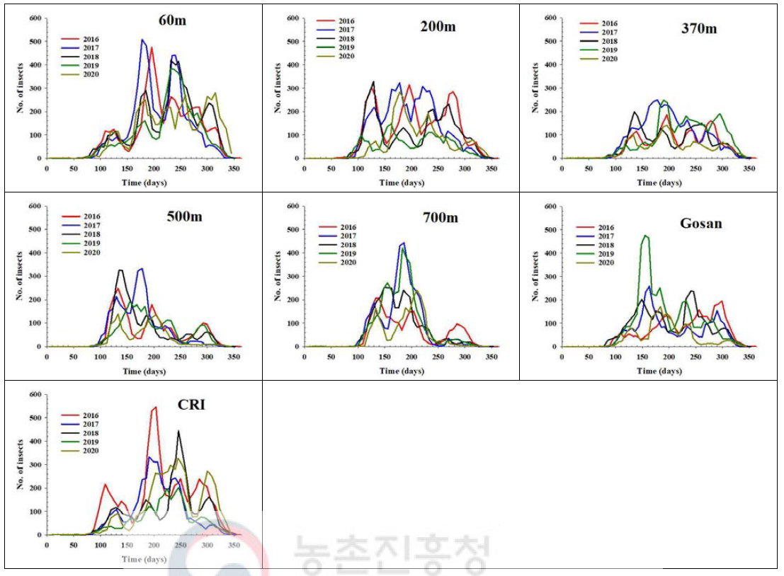 연도간 제주지역 톱다리개미허리노린재 발생밀도 비교 (2016~2020)