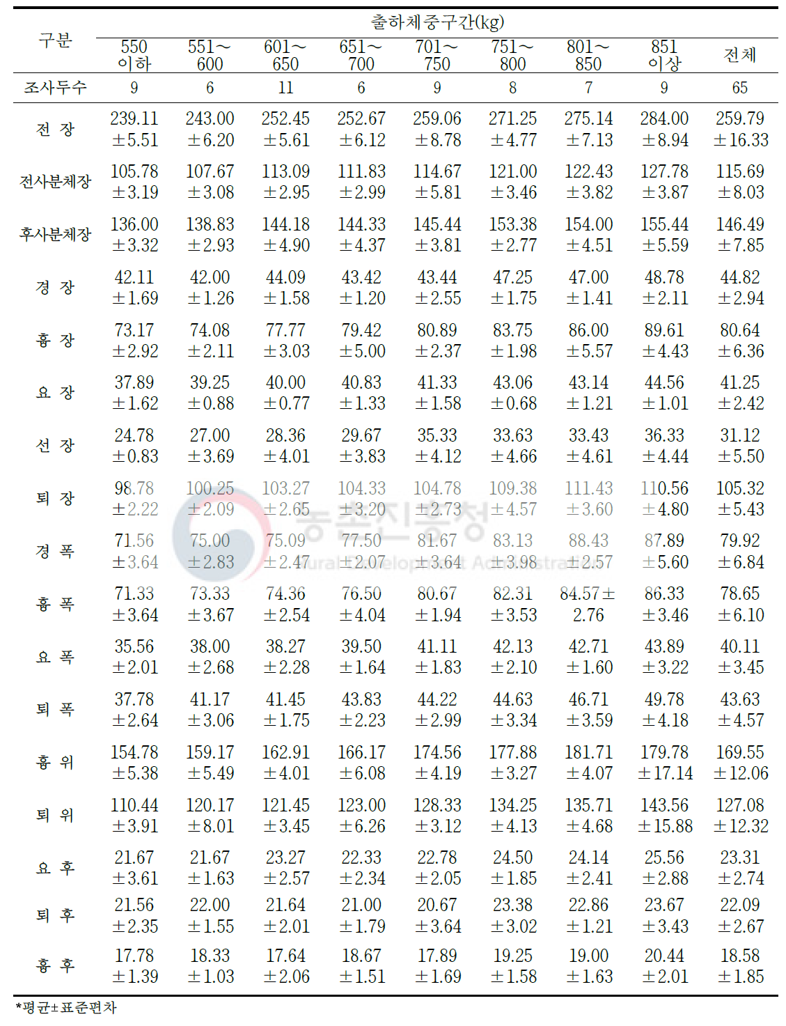 한우 수소 도체규격(단위: cm)