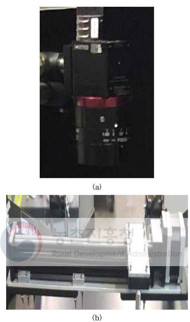 이동형 형광 분광 분석장치를 구성하고 있는 (a) 초분광 영상 카메라, (b) 선형 모션 가이드
