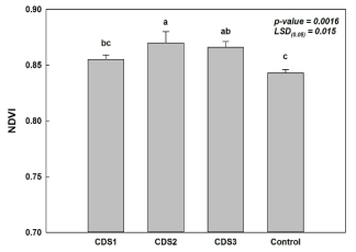 지하수위제어시스템 처리별 NDVI 비교. CDS1: 지하수위 30cm, 간격 3m; CDS2: 지하수위 30cm, 간격 6m; CDS3: 지하수위 60cm, 간격 3m; Control: 대조구 무처리구, Bars with different letters within the normalized difference vegetation index indicate significant different at the 95% level