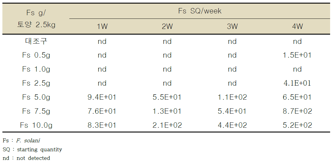 F. solani 병원균 접종 농도에 따른 토양 내 밀도 검정 결과