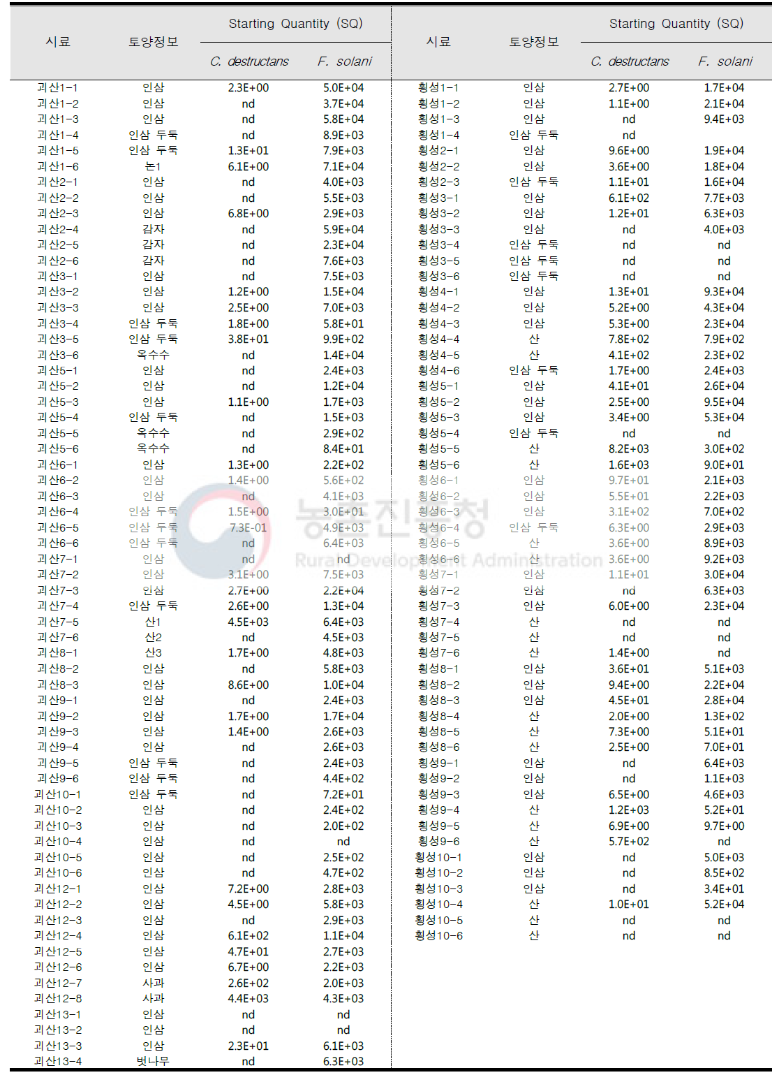 괴산, 횡성 지역 3년근 인삼 포장의 토양 내 뿌리썩음병원균 밀도 검정 결과