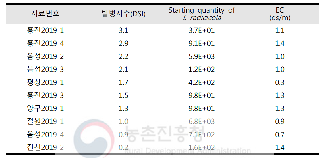 2019년 6년근 인삼 수확 포장 중 EC 1.5미만의 뿌리썩음병 발병지수 및 병원균 밀도