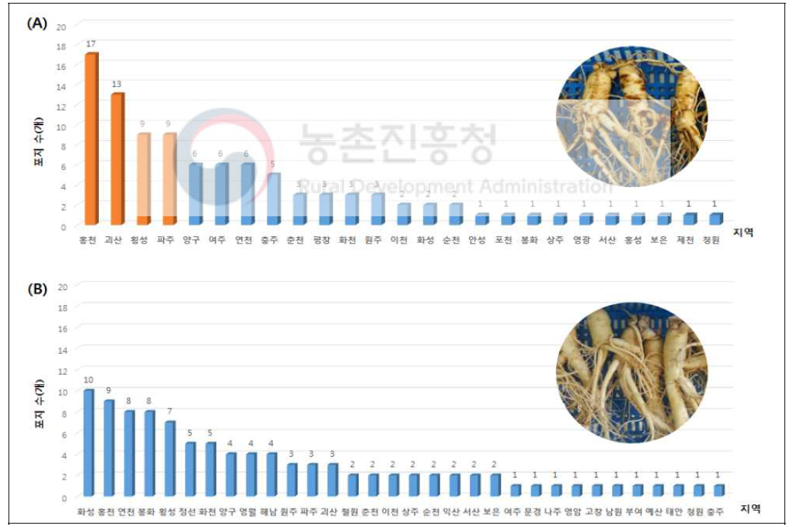 인삼뿌리썩음병 발생 유무별 포지의 지역 분포도 (A; 발병 포지, B; 무발병 포지)