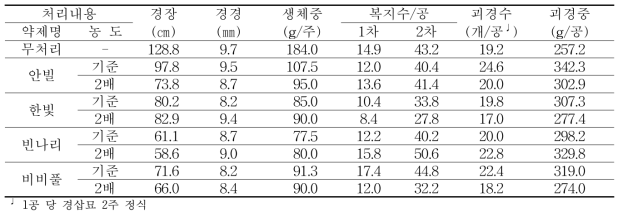 봄재배시 약제 처리별 생육 및 수량특성 조사