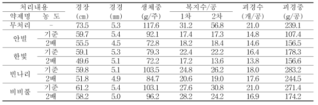 가을재배시 약제 처리별 생육 및 수량특성 조사