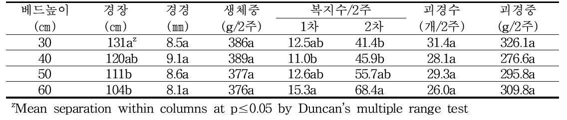 봄재배시 베드 높이(깊이)에 따른 생육 및 수량 특성