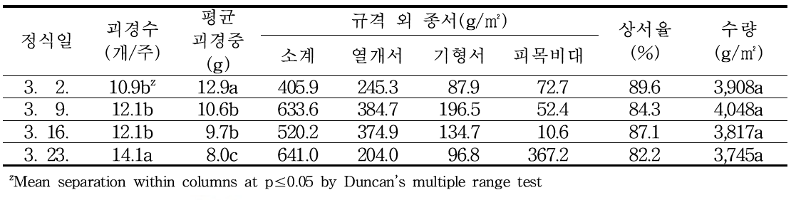 봄재배시 정식시기에 따른 수량 및 괴경 특성(정식 후 94일)