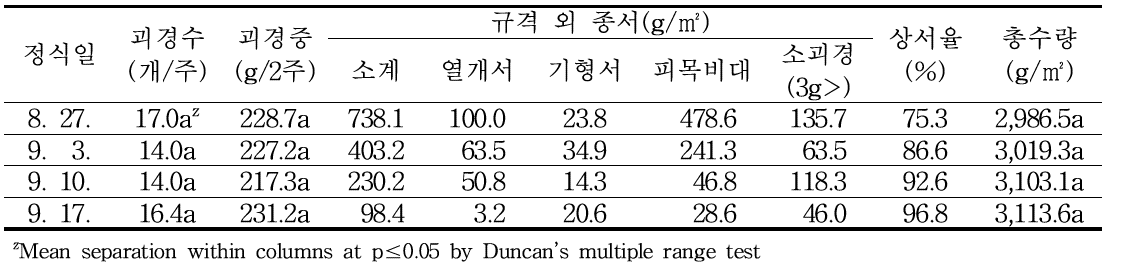 가을재배 정식시기에 따른 수량 특성(정식 후 90)