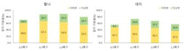 봄재배 ‘탐나’와 ‘대지’의 칼리 이용율(%)