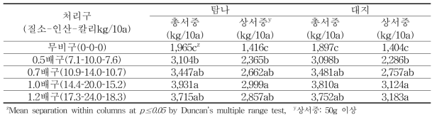 봄재배 수확기 시비수준별 수량성