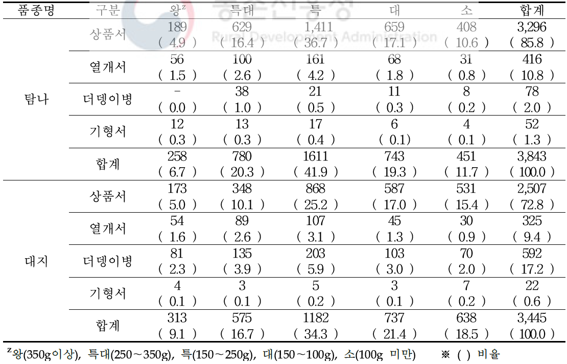 가을재배시 ‘탐나’, ‘대지’ 등급별 수량성(2018-2019년) (kg/10a)