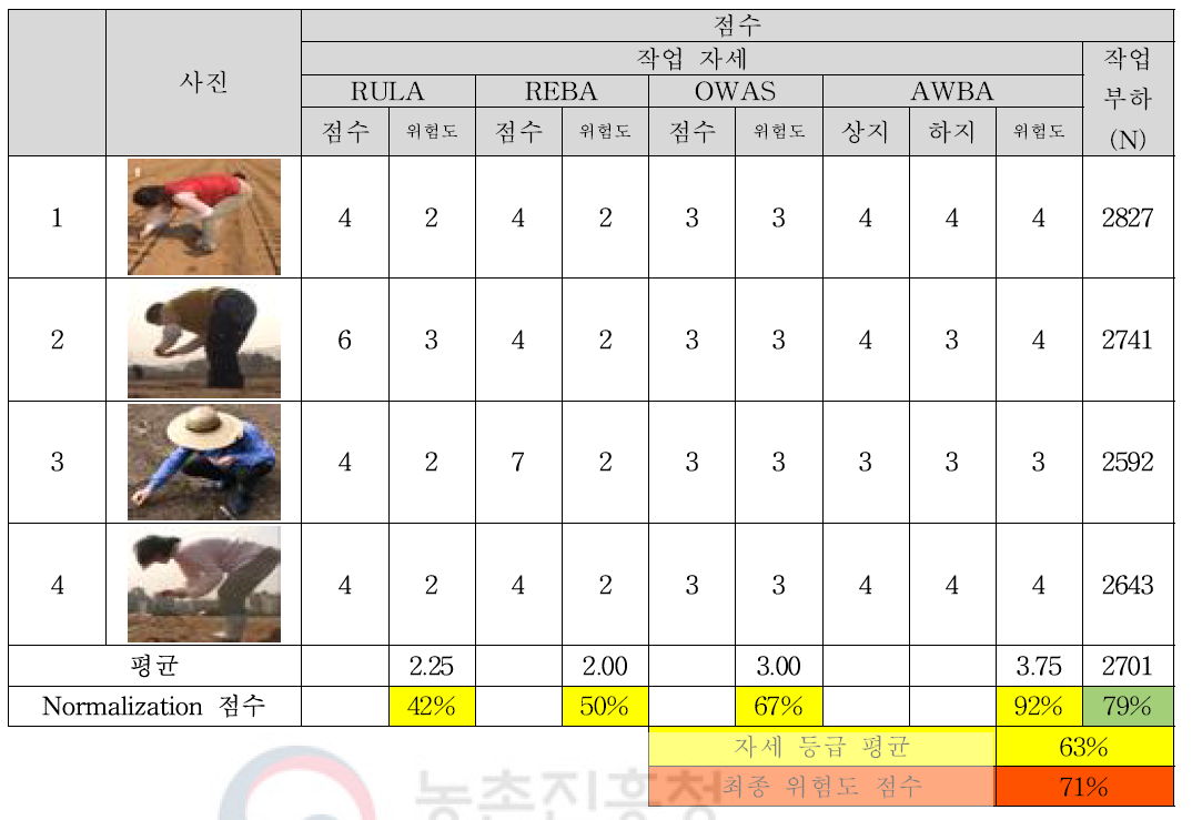 작업 자세, 작업 부하 평가 점수화 예시(무, 파종작업)