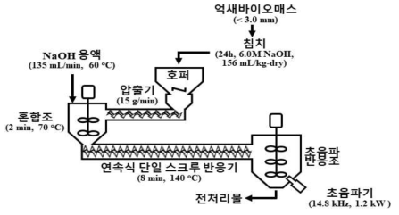 연속식 알칼리 싱글 스크루 반응기 및 초음파 처리 공정도