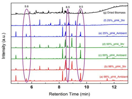 리그닌의 반응조건에 따른 GC/MS 분석결과