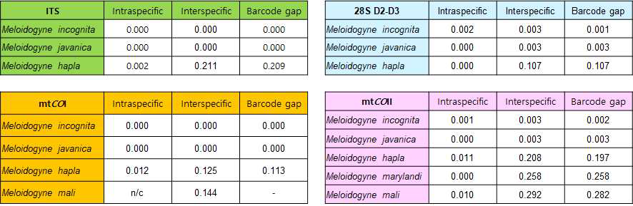 뿌리혹선충속의 마커별 바코드갭 분석 결과