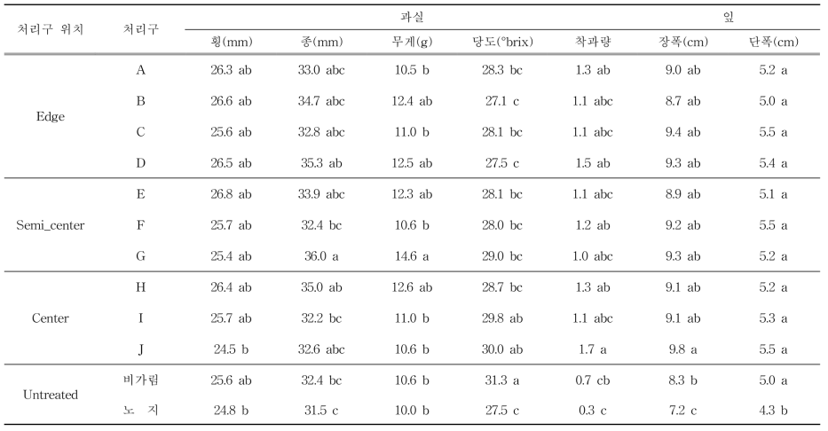 방충망 내 대추나무 위치별 대추 생육 변화