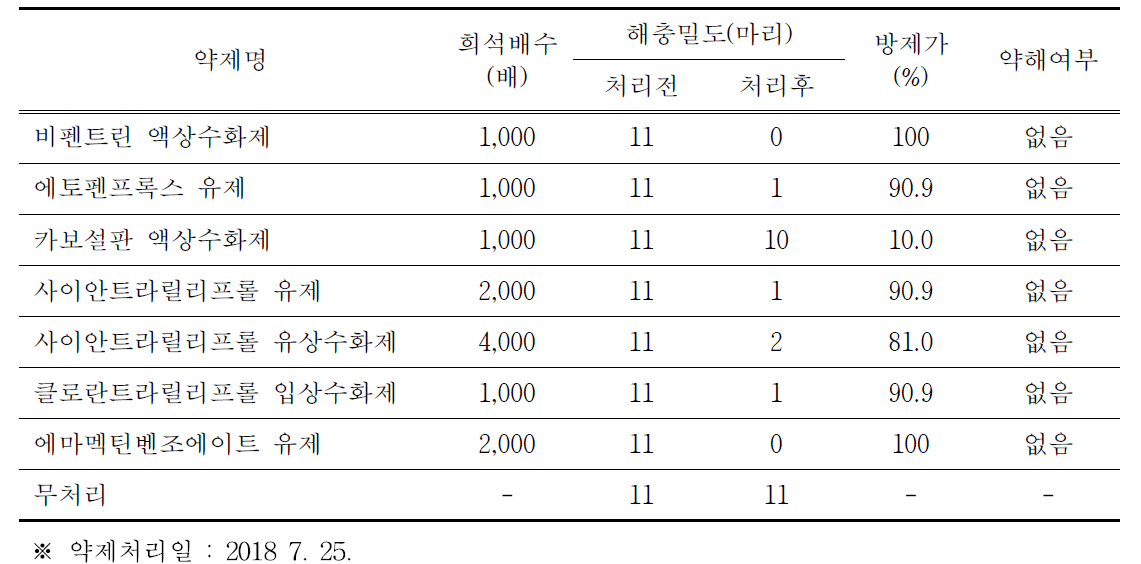 잎말이나방류 약제방제 효과시험 (7일 후)