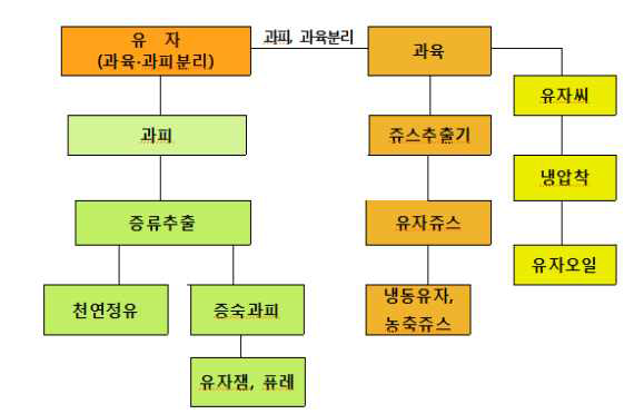 유자 천연정유 냉압착 추출 및 부산물 활용 공정도