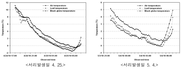 서리발생 기간중 기온, 흑구온도 및 엽온 비교