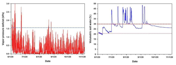 시험기간중 대기의 수징기압 차이 및 토양수분 함량 변화