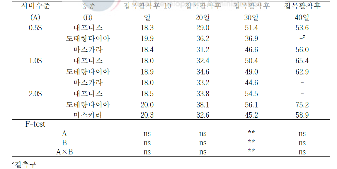 시비수준에 처리에 따른 육묘일수별 토마토묘의 충실도(mg/cm)