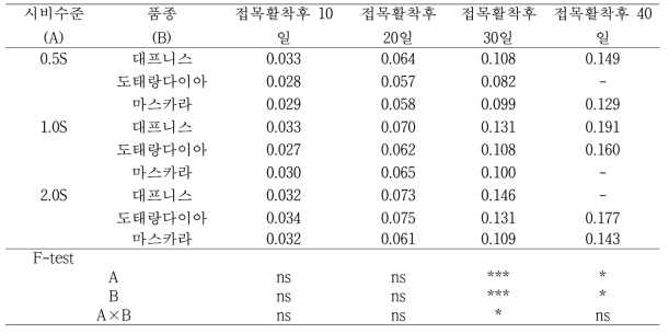 시비수준에 처리에 따른 육묘일수별 토마토묘의 DQI