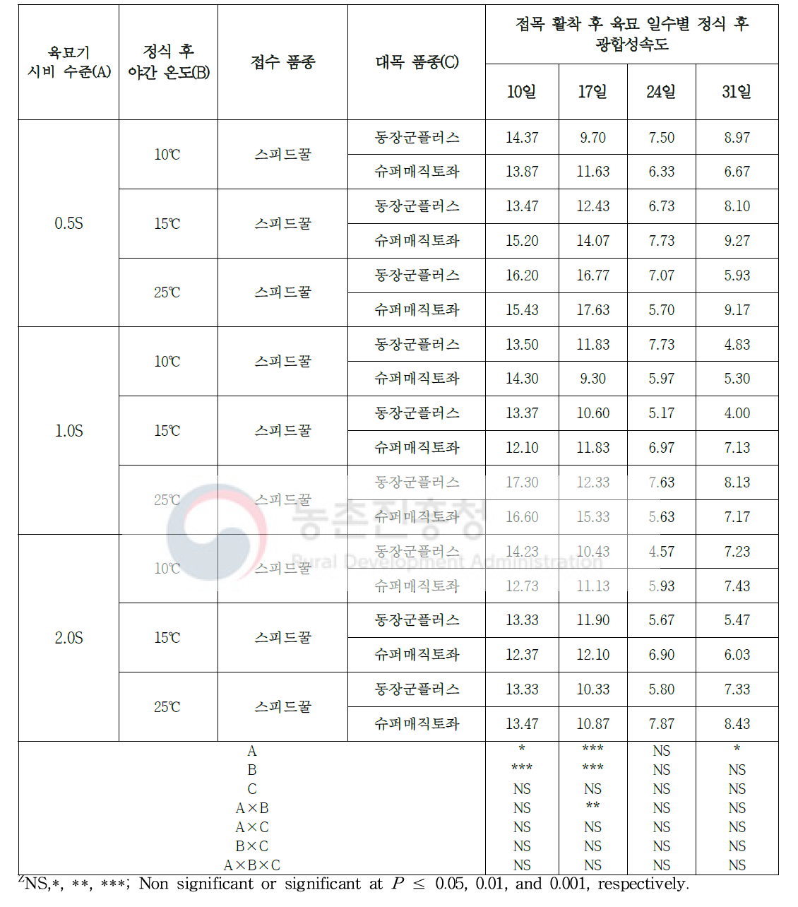 시비 수준 처리 및 품종에 따른 수박 접목묘 정식 후 야간온도 처리 10일 후 광합성속도