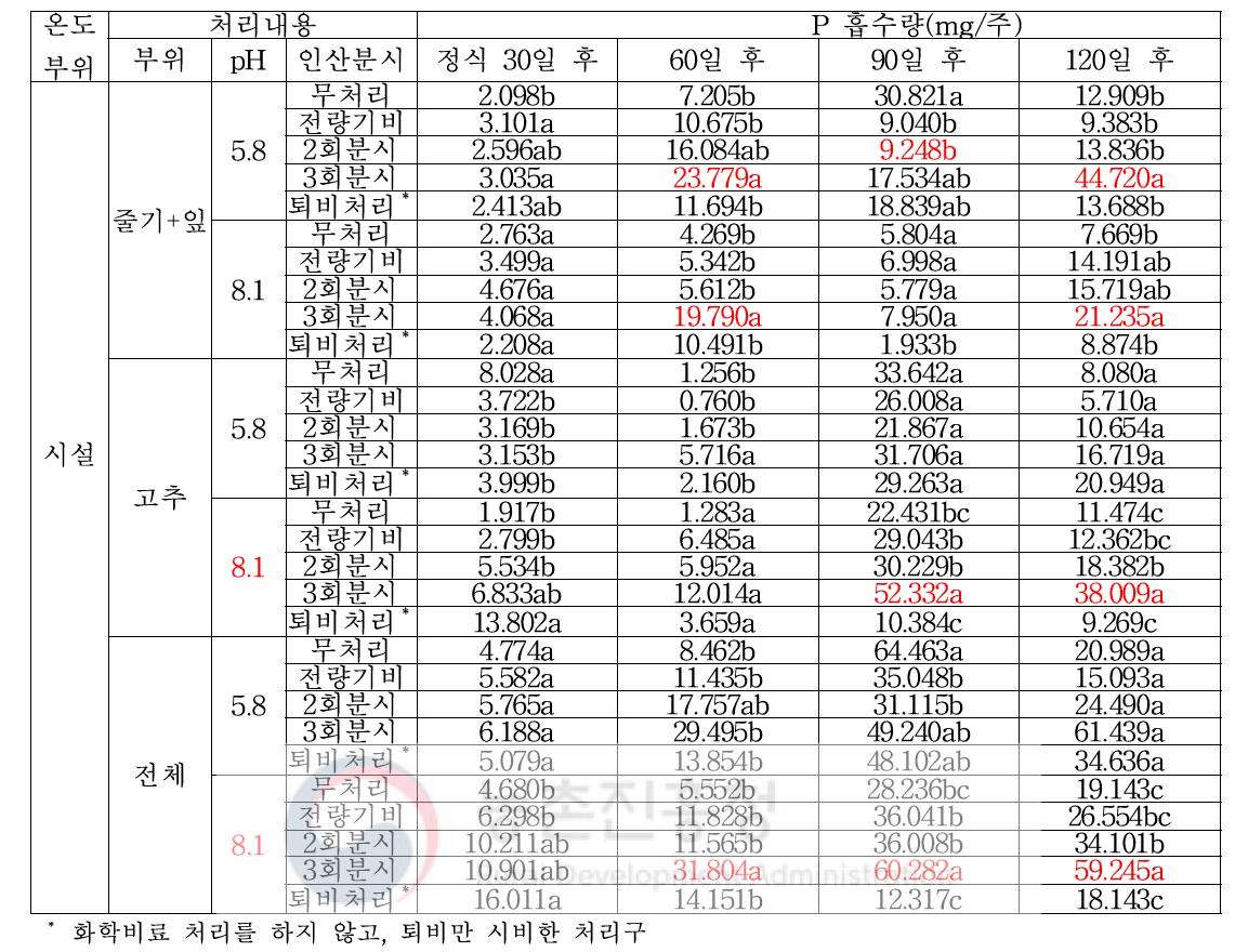 시기별 줄기+잎, 고추의 P 흡수량 변화