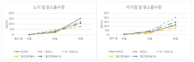 노지 및 비가림재배에서 잎 질소흡수량