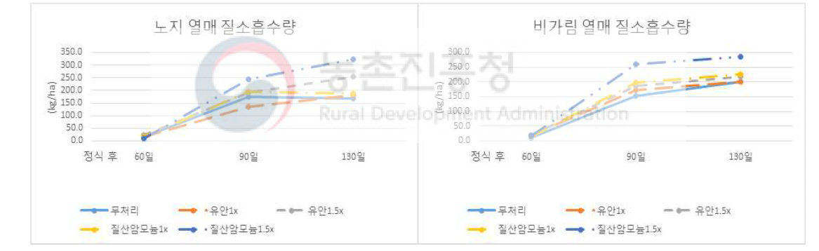 노지 및 비가림재배에서 열매 질소흡수량