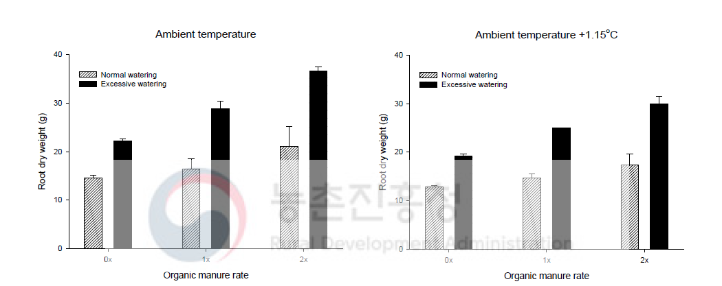 유기물 투입량과 토양수분 수준에 따른 고추 뿌리의 건중량