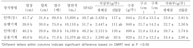 정식방법이 봄 배추 생육 및 수량에 미치는 영향 (정식 후 43일, 완주’20)