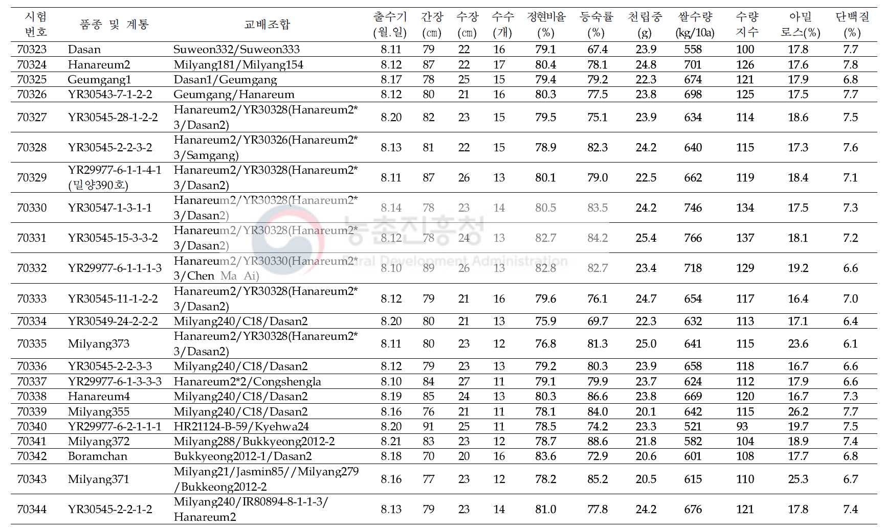 건식분쇄용 쌀가루 우량계통의 생산력검정 시험(2020년)