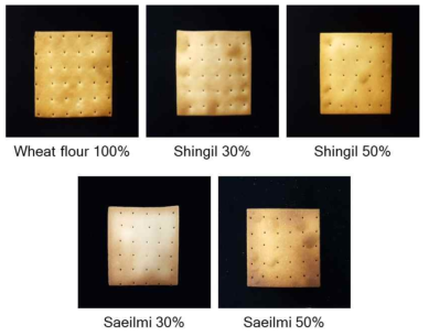 ‘신길’의 쌀가루 함량별 크래커 모양