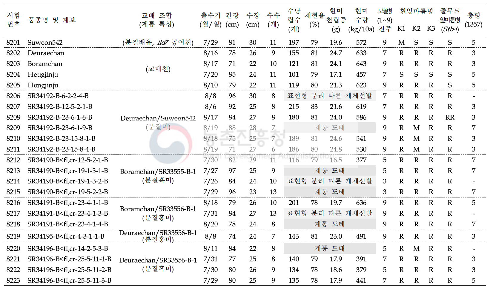 2017년 쌀가루 전용 분질미 유망계통에 대한 생산력(OYT) 시험결과 요약 (6 조합, 18 계통; 1본식, 1반복, 40주 수확평가)