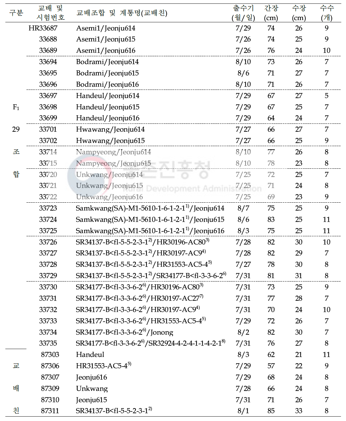 2018년 쌀가루 전용 분질미 육성을 위해 작성된 신규조합(F1) 및 작물학적 특성