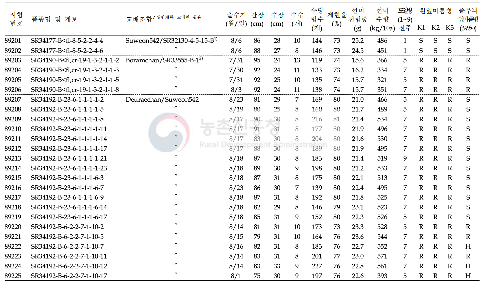 2019년 분질미 생산력(보통기 OYT) 시험 결과요약 (5 조합, 34 계통, 10 대비품종; 1본식, 1반복, 40주 수확평가)