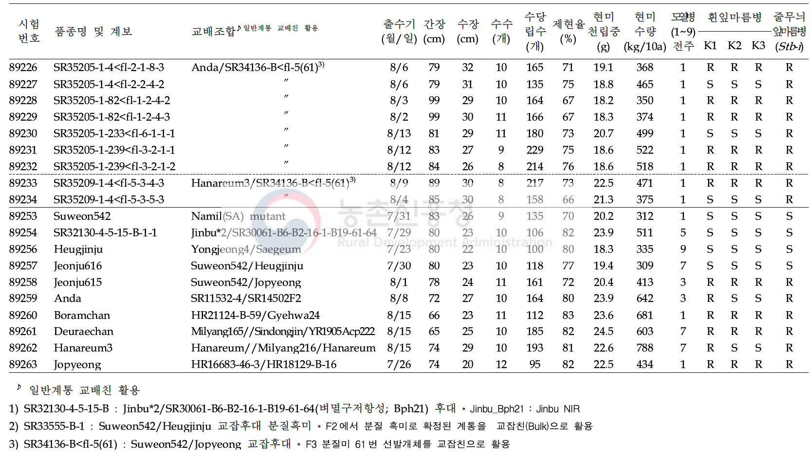 (계속) 2019년 분질미 생산력(보통기 OYT) 시험 결과요약 (5 조합, 34 계통, 10 대비품종; 1본식, 1반복, 40주 수확평가)