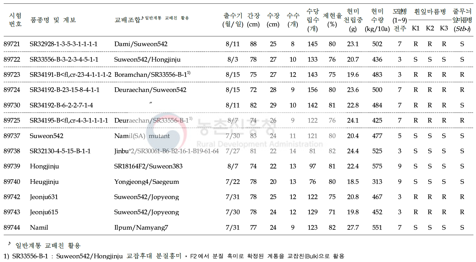 2019년 분질미 생산력(보통기 PYT) 시험 결과요약 (5 조합, 6 계통, 7 대비품종; 3본식, 2반복, 100주 수확평가)