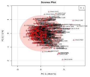 콩 핵심집단 366계통 주요 대사체의 주성분 분석(PCA) - scores plot