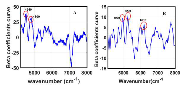 Beta coefficient curve of PLS model for total anthocyanin: (A) seed; (B) powder