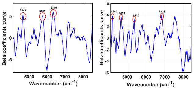 Beta coefficient curve of PLS model for total anthocyanin: (A) seed; (B) powder